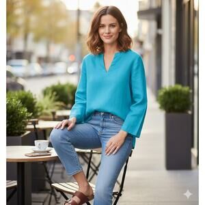 Lauren Ralph Lauren 100% Linen V-Neck Long Sleeve Blouse Top Teal Petite Medium